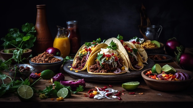 Herzhaftes Tacos-Abenteuer, verlockendes Foto mit dunklen und satten Farben, ein geschmackvolles Fest
