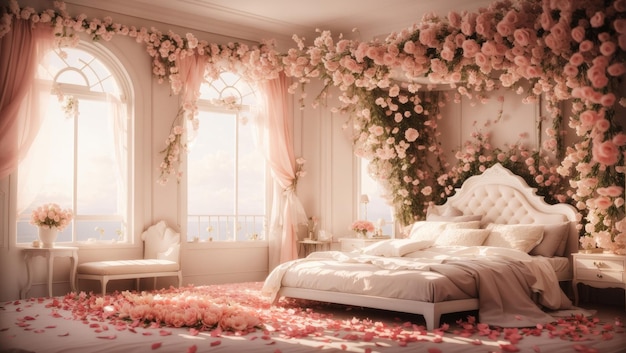 Herzliche Romantik. Ein Bett, geschmückt mit Blütenblatt-Perfektion