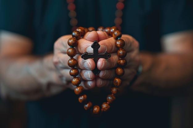 Herzliches Gebet ein Mann in ruhiger Hingabe, die Hände um ein Rosenkreuz gefesselt, der Trost und spirituelle Verbindung sucht, der die Essenz der ruhigen Kontemplation, des Glaubens und der religiösen Hingabe erfasst.