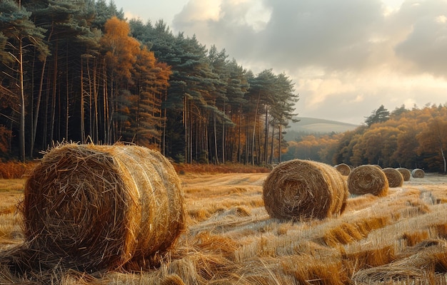 Heubälle auf dem Feld Heuballe sind alle zusammen auf einem Feld mit Bäumen