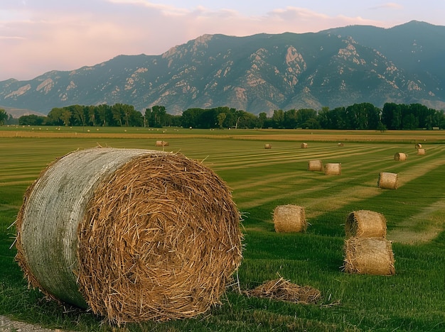 Heubalen auf einem Feld mit Bergen