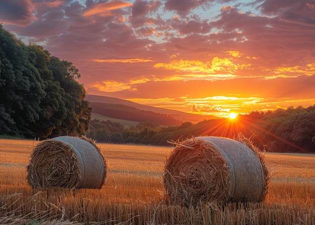 Heuballen auf dem Feld nach der Ernte Sonnenuntergang im Hintergrund