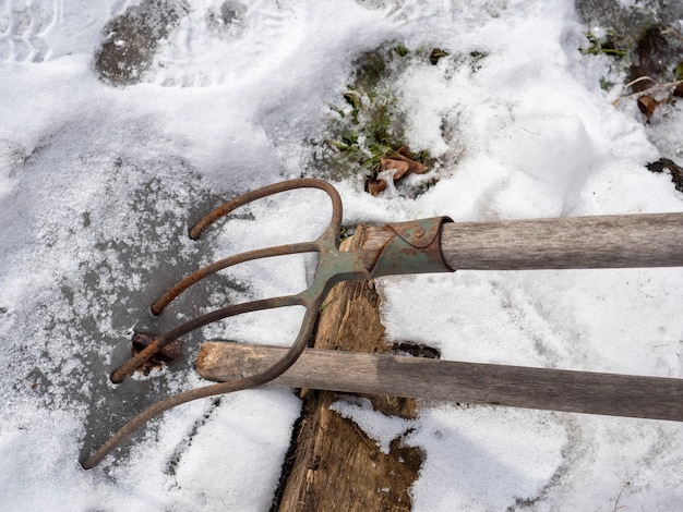 Heugabel aus Metall mit Holzgriff im Winter im Eis eingefroren