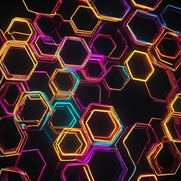 Hexagon abstrakte Neonrahmen mit hellen Farben auf schwarzem Hintergrund 3D-Rendering