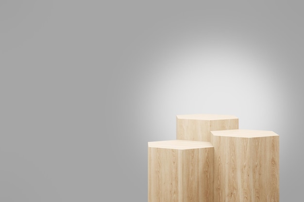 Hexagon-Block-Stufen-Holzpodium mit farbigem Hintergrund in Luxus-Studio-Szene