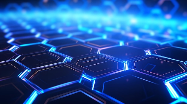 Hexagonaler Hintergrund der Technologie mit blauer Neonbeleuchtung Generative KI