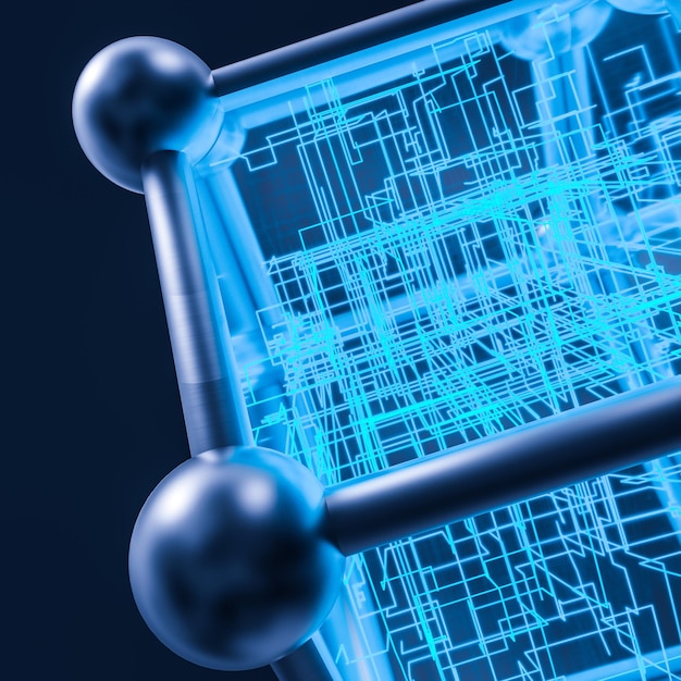 Hexágono azul y líneas brillantes cruzaron renderizado 3d