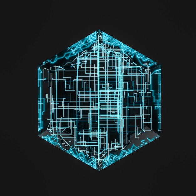 Hexágono azul y líneas brillantes cruzaron renderizado 3d