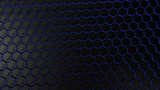 Hexágono metálico preto escuro abstrato com luz azul brilhante, renderização em 3d.