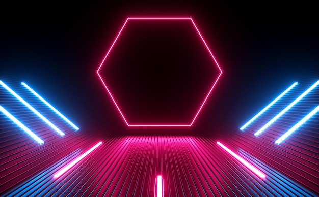 Hexágono Moderno Cyber Elétrico Neon Ray Luz Laser Brilhante Sci Fi Ilustração Futurista Fundos Renderização 3D