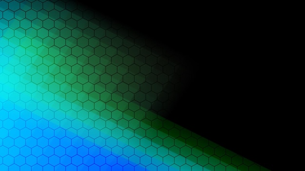 Hexágonos azules y verdes sobre un fondo negro