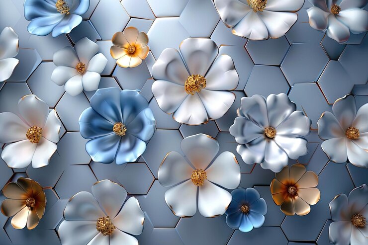 Hexágonos blancos con un estilo que recuerda a hermosos módulos convexos con pétalos de oro y plata dibujo tridimensional fotos superiores para la web e impresión