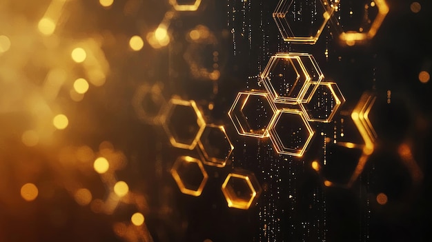 Hexágonos brillantes abstractos en un fondo digital oscuro que simbolizan la innovación
