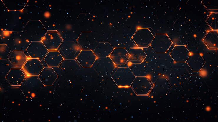 Hexágonos brillantes naranjas abstractos en un fondo oscuro