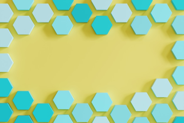 Foto hexágonos da colméia-como monótonos azuis no fundo amarelo. idéia de conceito mínimo