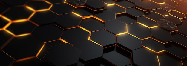 hexágonos geométricos y luces doradas sobre un fondo gris