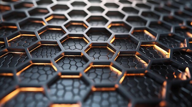 Hexágonos metálicos negros con luz naranja brillante desde el interior Ilustración de renderización 3D de fondo de tecnología abstracta