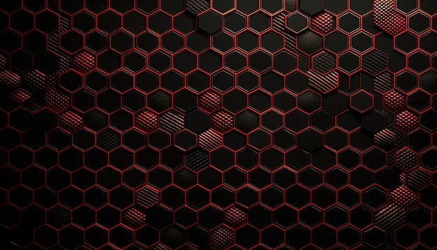 Hexágonos rojos y negros sobre un fondo negro