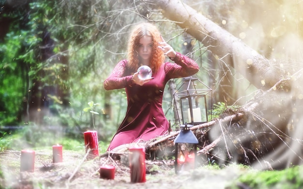 Hexe hält ein Ritual in den Tiefen des Waldes