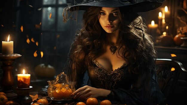 Hexe im dunklen Raum mit brennender Kerze und magischer magischer Party, Halloween-Feier und magischem Konzept
