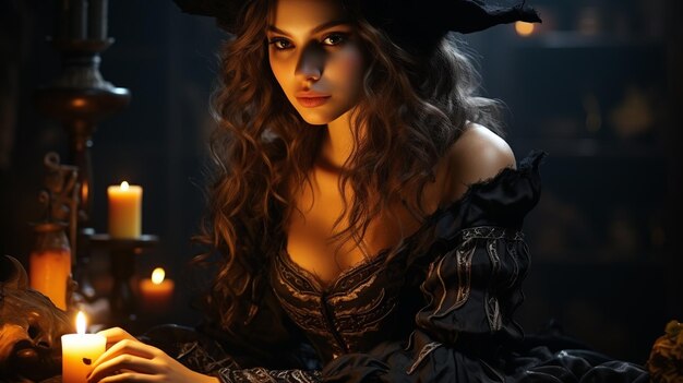 Hexe im dunklen Raum mit brennender Kerze und magischer magischer Party, Halloween-Feier und magischem Konzept