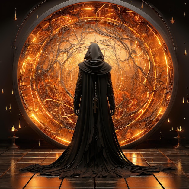 Hexe in einer Kapuze gegenüber dem magischen Portal extreme Nahaufnahme Generative KI