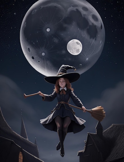 Hexe reitet auf ihrem Besen durch den Nachthimmel mit dem Mond im Hintergrund