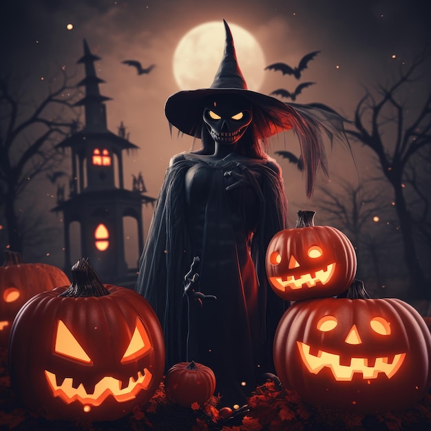 Hexe und Jack-o-Lantern Kürbis-Gesicht Halloween-Hintergrund