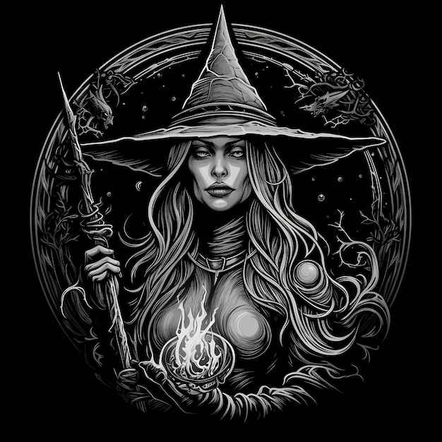 Hexen-T-Shirt-Tattoo-Design, dunkle Kunstillustration isoliert auf schwarzem Hintergrund