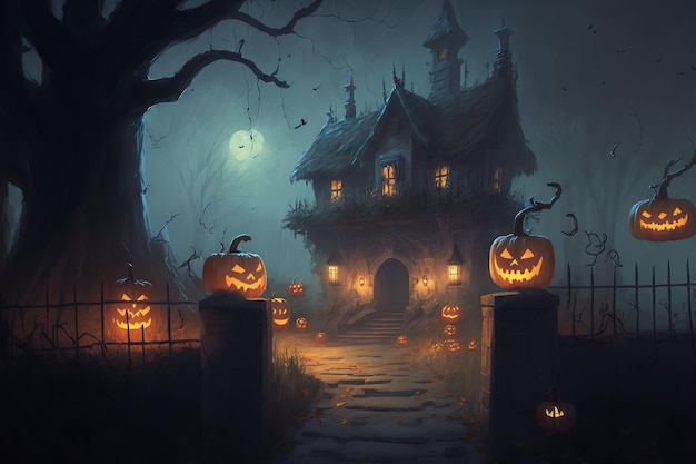 Hexendorf im Nebel mit Kürbissen Illustration, die eine echte Halloween-Feier darstellt