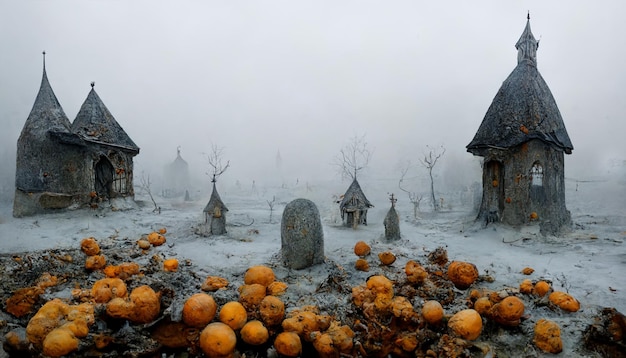 Hexendorf mit Kürbissen im Mist.realistische Halloween-Festival-Illustration.