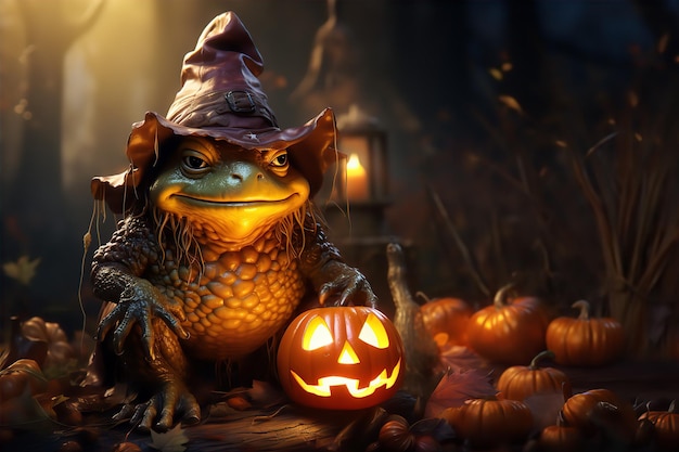 Hexenhafter Halloween-Frosch mit Kürbislaternen