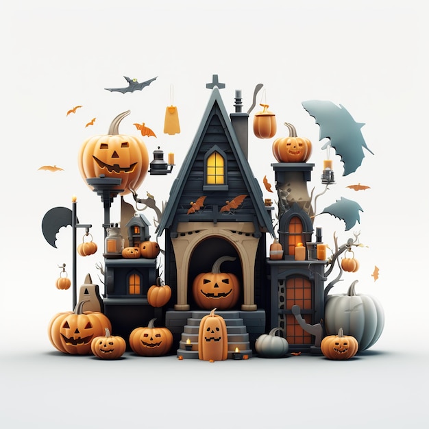 Hexenhaus, Kürbisse, Fledermäuse, Halloween-Ferien-Design, beängstigender Kürbischkopf, Generative Ai