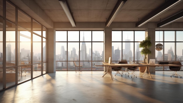 Hi-Tech-Open-Space-Büro im Loft-Stil mit raumhohen Fenstern und Blick auf die Stadt, hellem Beton m