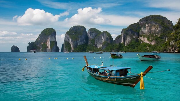 Foto hi temporada barco y turistas en la isla de phiphi krabi tailandia vista aérea desde un avión no tripulado