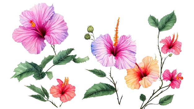Hibisco colorido tropical acuarela con hojas