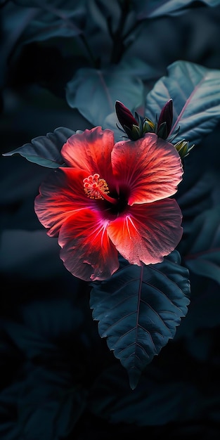 Hibisco vermelho vibrante floresce em meio a folhagem verde escuro Flor tropical em ambiente natural