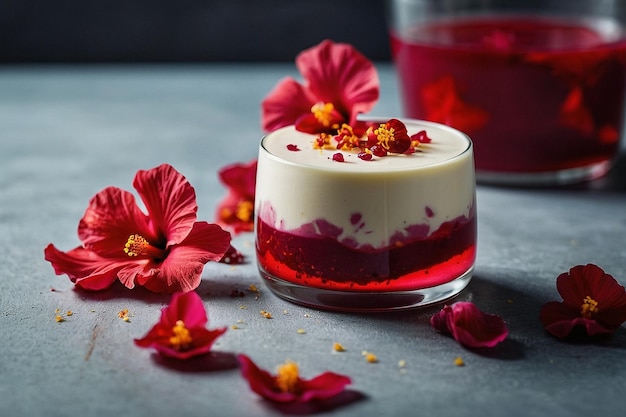 Hibiscus panna cotta con pétalos de hibisco