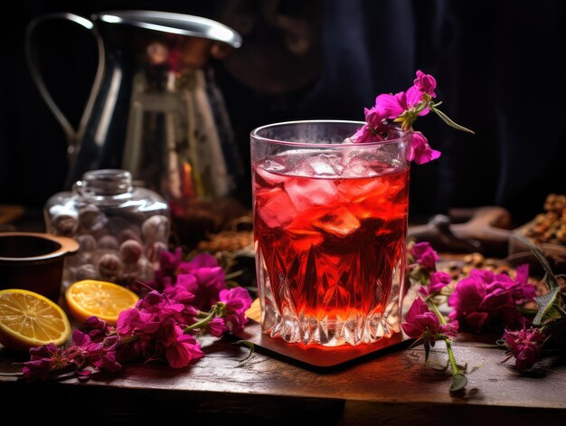 Hibiscus-Tee in Glasbecher Trockene Rose Trinken von kalten Früchten Roter Tee Eis Karkade in durchsichtigem Becher