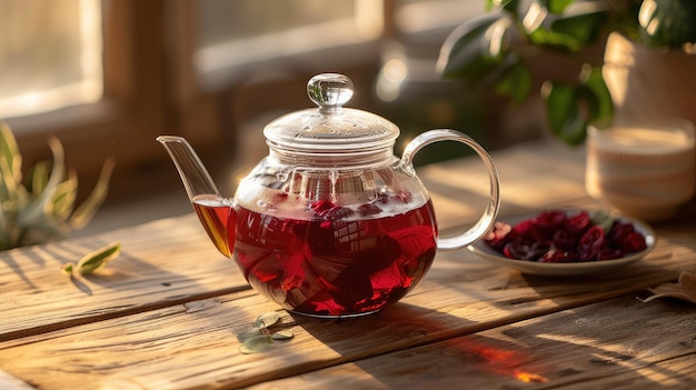 Hibiskustee in einer durchsichtigen Teekanne auf einem Holztisch Weltweit beliebter gesunder Tee, bekannt als Rosella karkade oder roter Sorrel