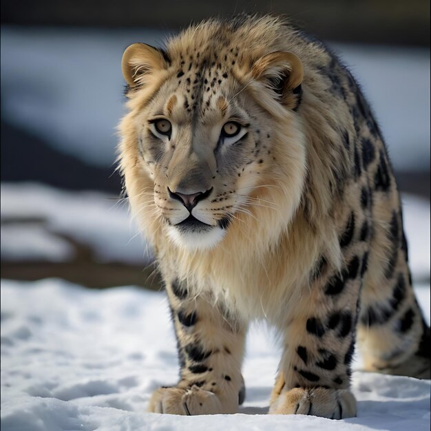 Híbrido de león y leopardo de las nieves generado por IA