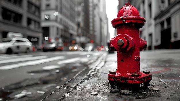 Hidrante de incêndio vermelho vibrante em uma rua cinzenta da cidade Foco em detalhes urbanos Um toque de cor em um mundo monocromático Ideal para temas de design urbano moderno IA