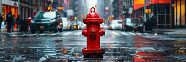 Foto un hidrante de fuego rojo está en la calle bajo la lluvia