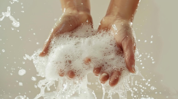 Foto hidratação das mãos sabão suave espumando sob água doce