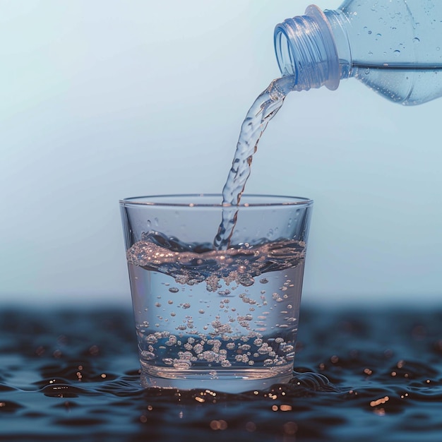 Hidratación en acción El agua se vierte de la botella al vaso con gracia para las redes sociales