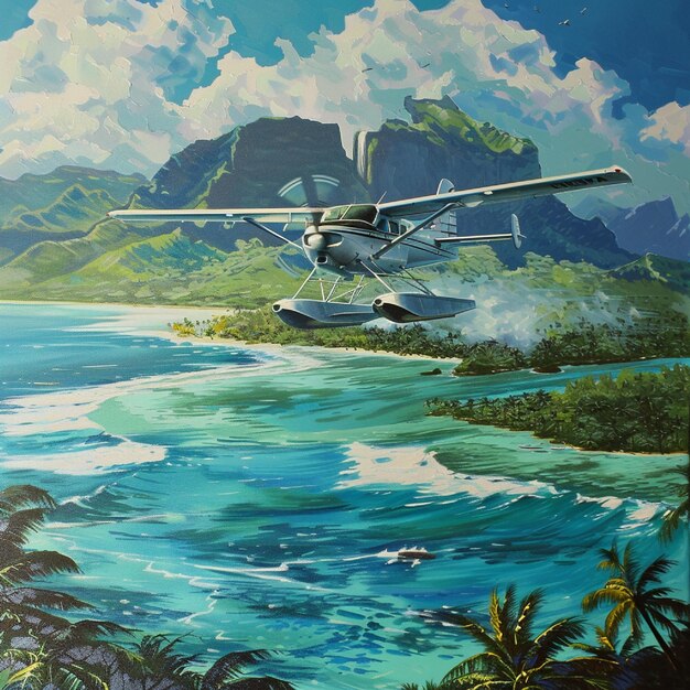 Un hidroavión volando sobre las aguas turquesas de una isla tropical