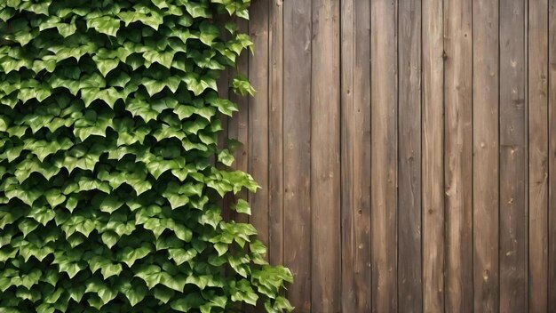 Hiedra de escalada verde en la valla de madera con paneles de madera de textura de fondo