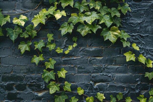 Foto la hiedra verde exuberante trepando en una pared de ladrillo oscuro