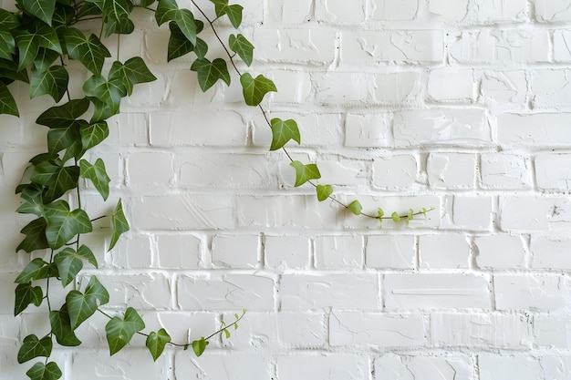 Hiedra verde en fondo de pared de ladrillo blanco con espacio de copia para el texto