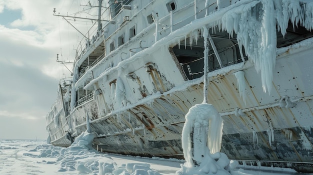 El hielo se aferra a los lados del barco añadiendo a su ya imponente tamaño y peso